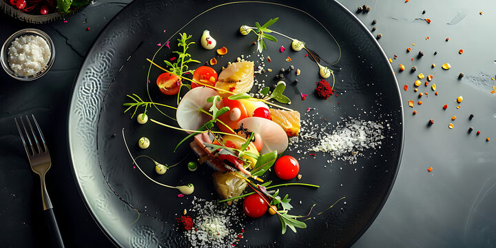 Artistically plated gourmet dish with fresh vegetables and colorful garnishes on a dark plate
