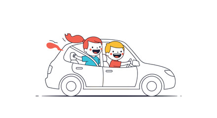Happy people enjoying a joyful car ride adventure together on a sunny day outing