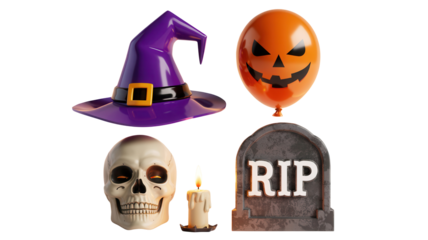 Spooky Halloween icons like a witch hat, jack-o'-lantern balloon, skull, candle, and RIP tombstone create a festive and eerie holiday atmosphere for celebrations.