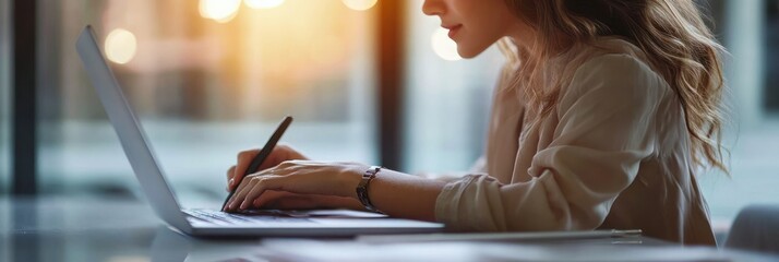 Focused woman writing on a notebook while using a laptop at a table with soft natural light coming through large windows