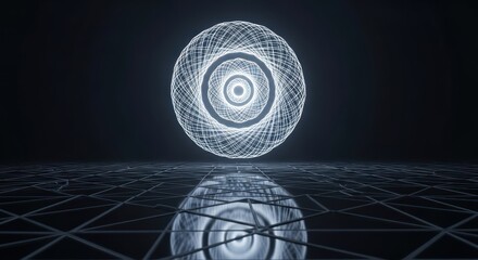 Luminous wired sphere hovering over grid reflective surface in dark atmosphere