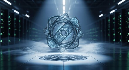 Complex crystalline structure hovers over a technologically advanced server room with ethereal