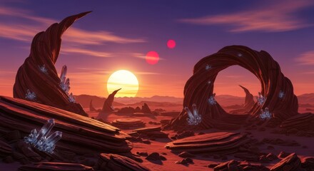 Ethereal landscape with twin suns rising over otherworldly rock formations and crystal clusters