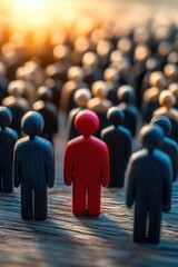 Red wooden figure standing out among many black wooden figures on a wooden surface with warm sunlight in the background symbolizing individuality and leadership