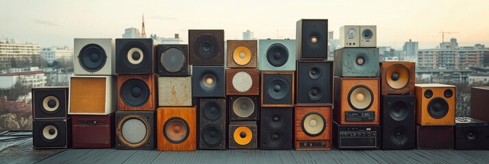 Obraz premium Large assortment of vintage and modern speakers stacked in rows on an outdoor rooftop with city buildings in the background under soft daylight