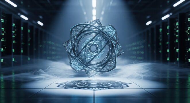 Complex crystalline structure hovers over a technologically advanced server room with ethereal - Powered by Adobe