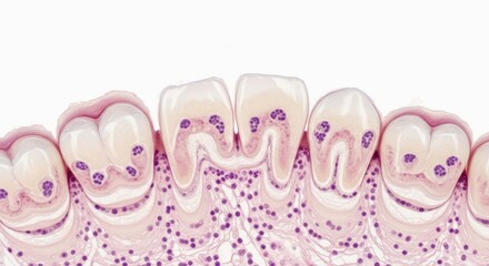 A microscopic cross-section displaying human teeth with cells and anatomical structures showcasing