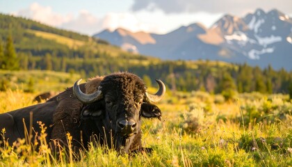 Bison resting in a meadow, mountains in the background
