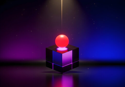 A glowing red sphere levitates above a reflective, geometric cube, illuminated by a spotlight.