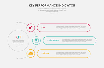 KPI key performance indicator infographic outline style with circle center and half spreading with round rectangle container 3 point template with for slide presentation