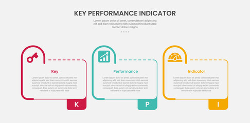KPI key performance indicator infographic outline style with creative table box with half circle round on header 3 point template with for slide presentation