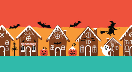 Whimsical halloween village of gingerbread houses with spooky decorations and flying creatures