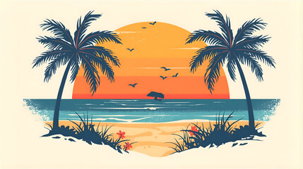 Obraz premium Sunset Paradise Palms, Ocean, Tranquil Beach