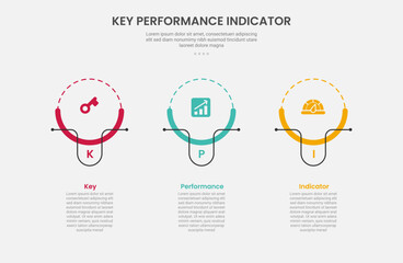 KPI key performance indicator infographic outline style with creative circle with line accessories on horizontal layout structure 3 point template with for slide presentation