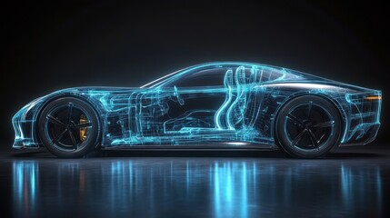 Side view of a glowing blue transparent digital wireframe model of a sports car showing detailed internal structure and design on a dark reflective surface