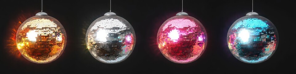 Obraz premium Four hanging disco balls in gold, silver, pink, and blue glowing against a dark background creating vibrant, colorful reflections and festive atmosphere