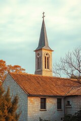 Stone church building with a tall steeple and cross under a cloudy sky surrounded by autumn trees