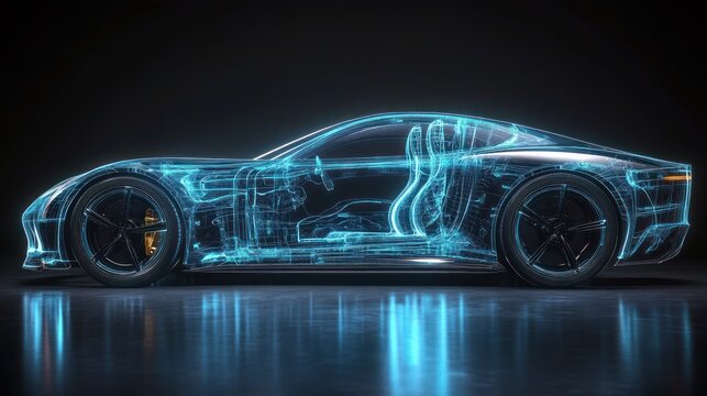 Side view of a glowing blue transparent digital wireframe model of a sports car showing detailed internal structure and design on a dark reflective surface