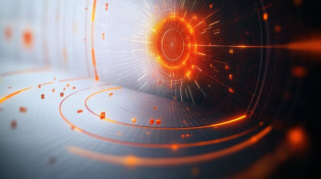 Futuristic digital tunnel with glowing orange circuit lines and data points radiating from a circular grid pattern emanating technological energy
