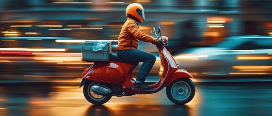 person wearing orange helmet and jacket riding a red scooter with a delivery box on the back in a city at night with blurred lights and wet street