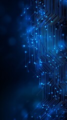 Abstract glowing blue digital circuit board with intricate connections and data flow representing technology and innovation