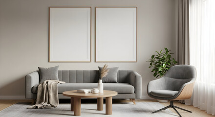 Modern Living Room Interior Design Mockup with Gray Sofa and Armchair