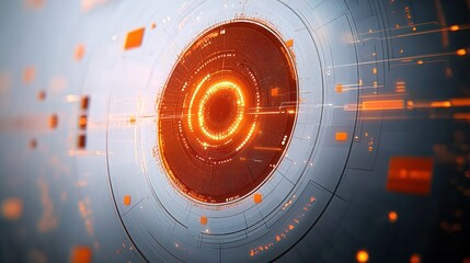 Glowing futuristic digital interface with circular technology design and orange light elements emitting from the center