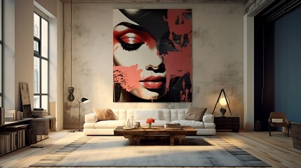 Stylish interior with artful female portrait as a captivating focal point in a modern space
