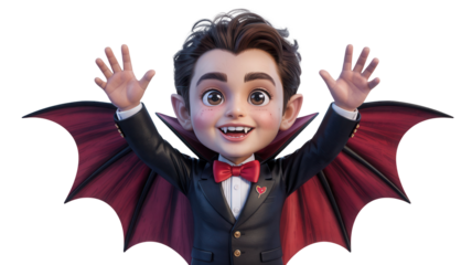Adorable cartoon vampire boy with bat wings and fangs joyfully waving hello, perfect for Halloween fun and fantasy themes