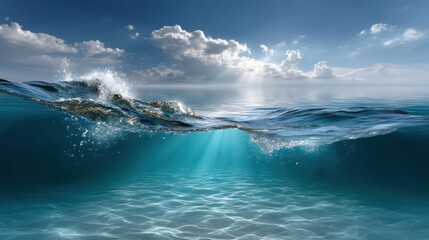 Fototapeta premium Experience the Majestic Power of Ocean Waves Arising from the Deep Crystal Blue Waters with Breathtaking Sunlight in the Background