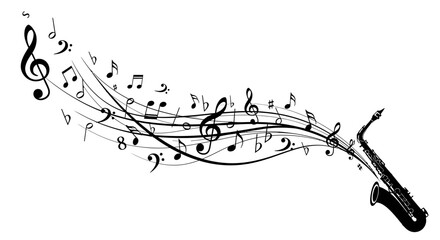 Flowing Musical Notes Emanating from a Black Silhouette Saxophone