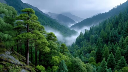 Obraz premium Majestic Mountain Landscape: A Breathtaking View of Trees and Fog at Dawn in Nature's Embrace