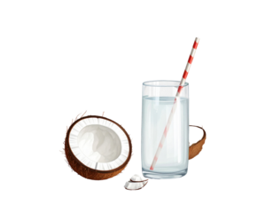 Minimalist Coconut Halves with Straw and Tropical Leaf Accent, Healthy Drink Concept Illustration, Isolated on Transparent Background