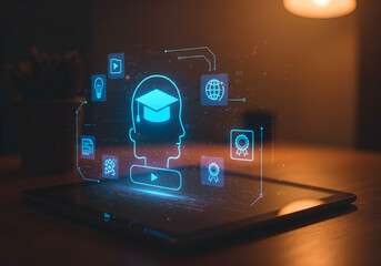 Digital graduation overlay on a tablet, showcasing educational technology.