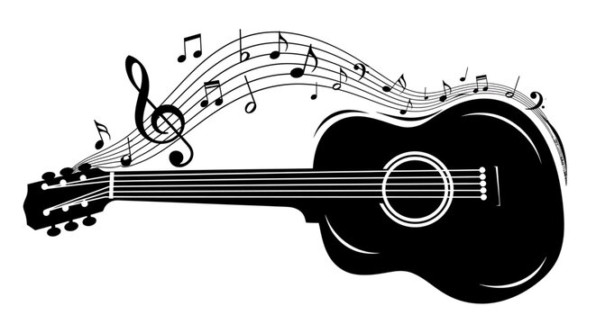 Acoustic Guitar Silhouette with Musical Notes Design