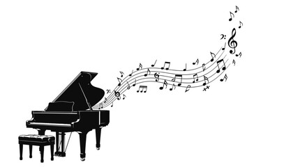 Elegant Black Grand Piano with Flowing Musical Notes Illustration