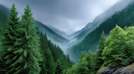 Fototapeta premium Breathtaking Mountain Scene with a Serene River Flowing Through Majestic Forests and Vibrant Trees