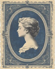 Vintage detailed oval portrait of a woman in profile with elegant hairstyle and ruffled neckline on ornate decorative frame background