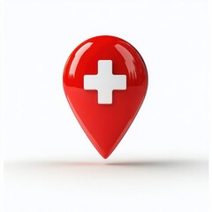 Obraz premium Red location pin with white medical cross symbol floating on a white background representing healthcare or medical location