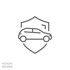 Shield and car icon. Simple outline style. Safety, protect, safe, secure, vehicle, auto, transport, insurance concept. Thin line symbol. Isolated design editable stroke.