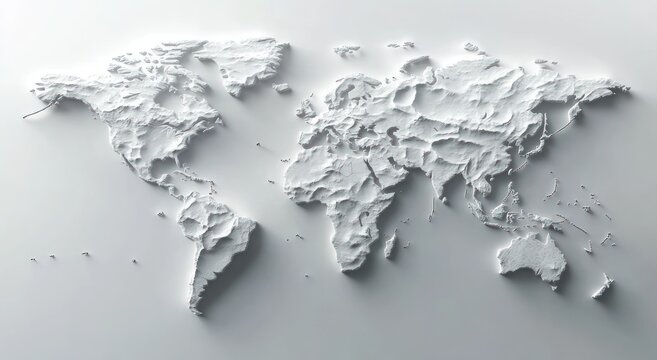 three-dimensional relief map of world continents highlighting topographical features with shadow effects on a white background