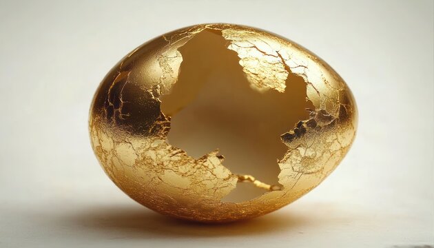 A cracked golden egg with large holes revealing an empty interior, symbolizing fragility and opulence under soft lighting
