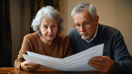 Senior couple sitting at a table carefully reading and discussing important documents with focused and concerned expressions indoors