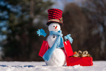 Snowman with Christmas gift in a snowy field. Funny snowman with a carrot nose and scarf and winter hat. Snowman decorated for Christmas. Snowman for Christmas card design.