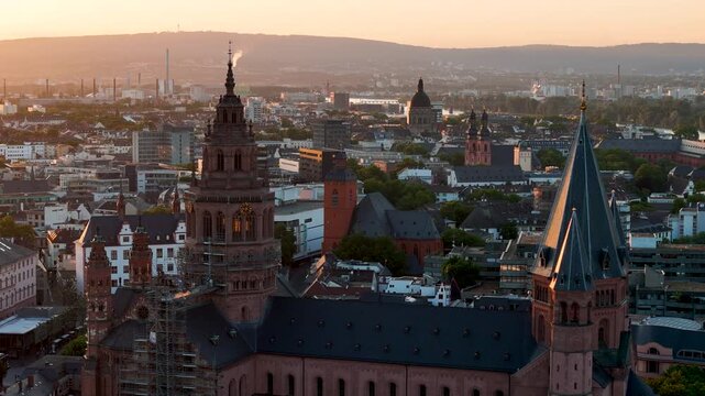 Mainz, Germany- Old Town Flyover at Sundown
