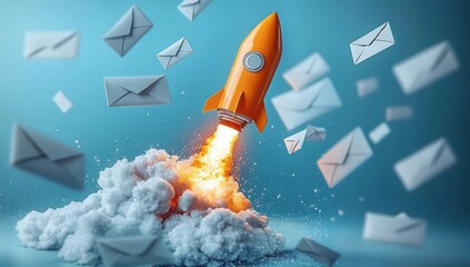 Bright orange rocket launching upward surrounded by floating envelopes, symbolizing fast communication and high-speed mail delivery with dynamic smoke and flame effects