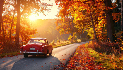 Vintage Car Road Trip in Autumn Landscape