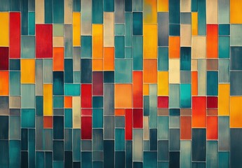 abstract geometric mosaic of colorful rectangular blocks in various shades of blue, teal, yellow, orange, and red, creating a vibrant and dynamic pattern