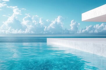 Clear infinity pool overlooking a vast calm ocean under a bright blue sky with fluffy white clouds, featuring modern white architectural structure by the pool edge