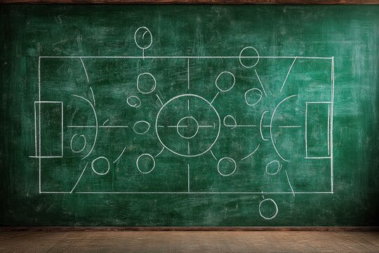 A soccer strategy chalk drawing on a green chalkboard showing player positions, formations, and movement paths